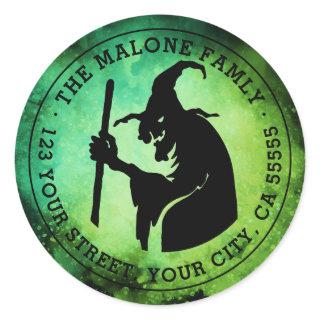 Witch green and black Halloween return address Classic Round Sticker
