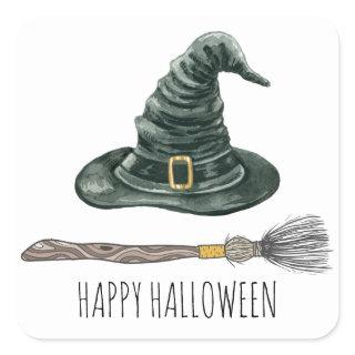 Witch Hat And Broomstick Halloween Party Square Sticker