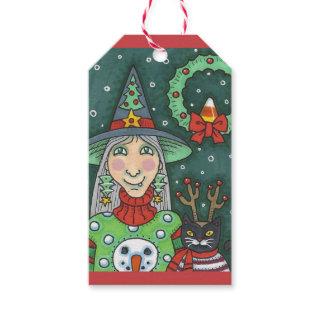 WITCH IN SNOWMAN SWEATER, BLACK CAT XMAS HALLOWEEN GIFT TAGS
