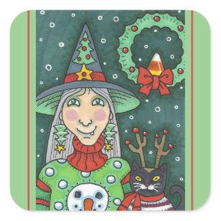 WITCH IN SNOWMAN SWEATER, BLACK CAT XMAS HALLOWEEN SQUARE STICKER