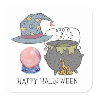 Witches Hat Cauldron Crystal Ball Halloween Square Sticker