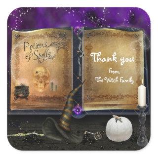 Witches Magic Spell Book Halloween Costume Favor Square Sticker