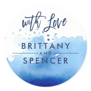 WITH LOVE modern hand lettered blue watercolor Classic Round Sticker