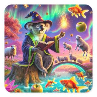 Wizard Koala Casting Magic in Enchanted Forest Square Sticker