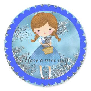 Wizard of Oz Dorothy/Toto on Blue Silver Glitter Classic Round Sticker