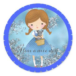 Wizard of Oz Dorothy/Toto on Blue Silver Glitter Classic Round Sticker