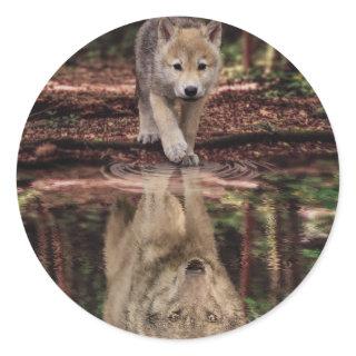 Wolf and Pup Water Reflection, Abstract Motivation Classic Round Sticker