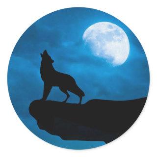 Wolf Howling Moon Graphic Classic Round Sticker
