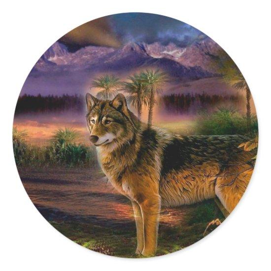 Wolf hunting in mountain classic round sticker