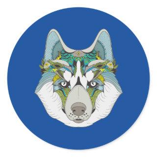 Wolf husky embellished green blue classic round sticker