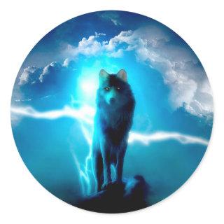 Wolf in the thunderstorm classic round sticker