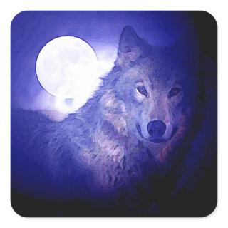 Wolf, Moon & Blue Night Square Sticker