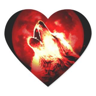 Wolf, Moon & Red Sky Heart Sticker
