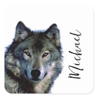 Wolf Portrait Your Name Custom Handwriting Square Sticker