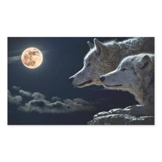 Wolf Wolves Howling at the Full Moon at Night Rectangular Sticker