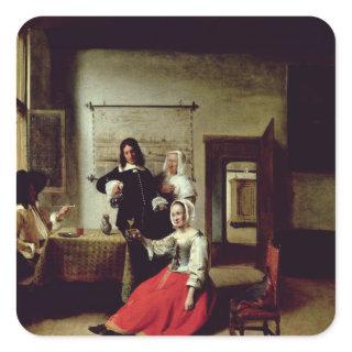 Woman drinking with soldiers, 1658 square sticker