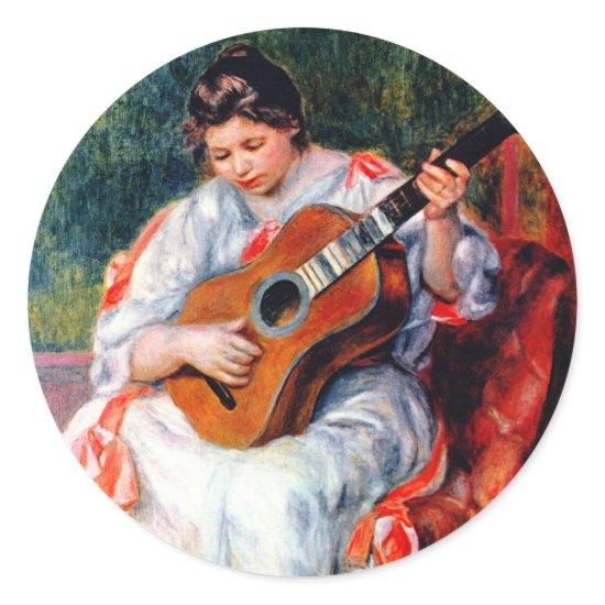 Woman Playing The Guitar by Pierre Renoir Classic Round Sticker