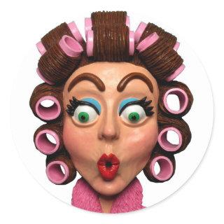 Woman Wearing Curlers Classic Round Sticker
