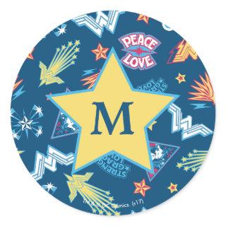 Wonder Woman Icons & Phrases Pattern | Monogram Classic Round Sticker