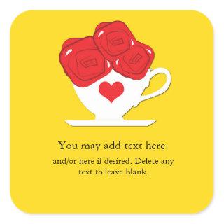 Wonderland Whimsical Tea Cup Red Roses Party Favor Square Sticker