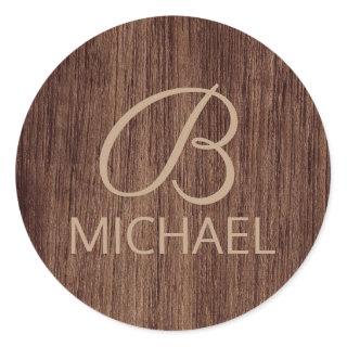 Wood Grain Timber With Monogram Personalized Name Classic Round Sticker