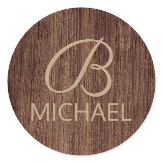 Wood Grain Timber With Monogram Personalized Name Classic Round Sticker