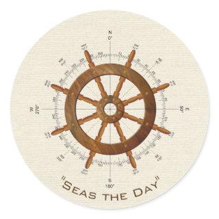 wooden nautical helm and compass classic round sticker