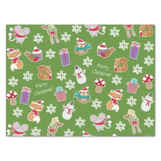 Woodland Animal Pattern Green Merry Christmas Tissue Paper
