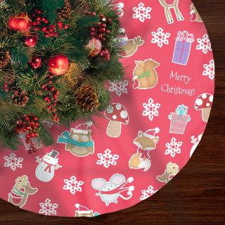 Woodland Animal Pattern Red Merry Christmas Brushed Polyester Tree Skirt