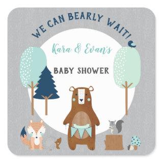 Woodland Forest Animals Bear Rustic Blue Gray Square Sticker