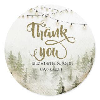 Woodland,Forest,Pine Trees,String Lights Thank You Classic Round Sticker