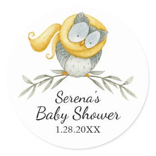 Woodland Owl in Yellow Scarf Baby Shower Classic Round Sticker