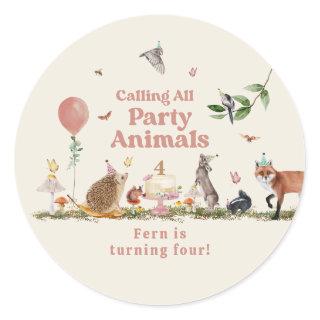 Woodland Party Animals Pink Birthday Party Classic Round Sticker