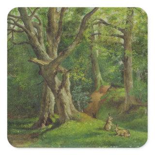 Woodland Scene with Rabbits, 1862 (oil on canvas) Square Sticker