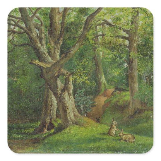 Woodland Scene with Rabbits, 1862 (oil on canvas) Square Sticker