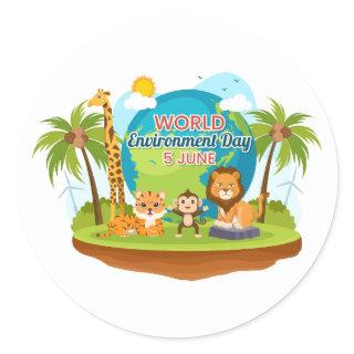 World Environment Day Lion Monkey Jungle Animals Classic Round Sticker