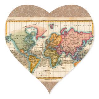 World Map 1700s Antique  Heart Sticker