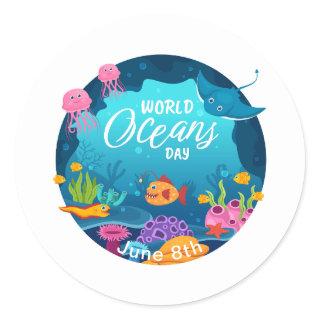 World Oceans Day Underwater Fish Scene Custom Text Classic Round Sticker