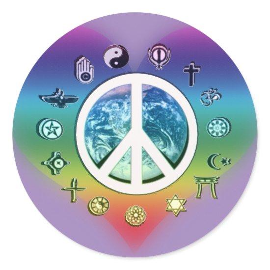 World Peace with Religious Symbols Classic Round Sticker