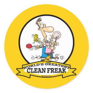 WORLDS GREATEST CLEAN FREAK MEN CARTOON CLASSIC ROUND STICKER