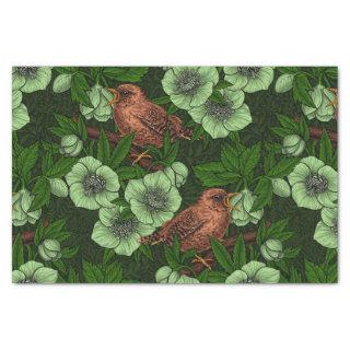 Wren and hellebore on dark green tissue paper