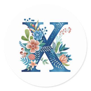X, blue monogram with flowers, AI-generated, Classic Round Sticker