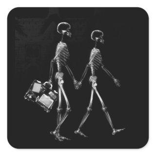 X-RAY VISION SKELETON COUPLE TRAVELING B&W SQUARE STICKER