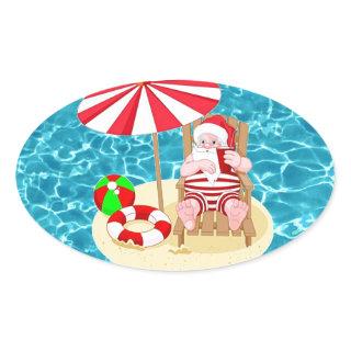 xmas beach santa claus oval sticker