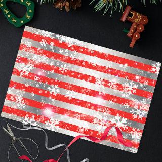 Xmas White Snowflakes On Red and Silver Stripes Tissue Paper