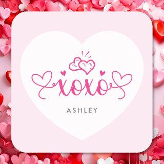 XOXO Elegant Script Pink Hearts Valentines Day Square Sticker