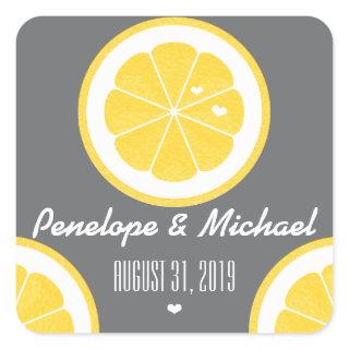 YELLOW AND GRAY LEMON HEART SEEDS WEDDING SQUARE STICKER