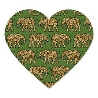 Yellow and Green Swirling Elephant Pattern Heart Sticker