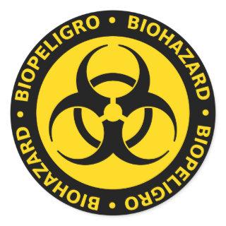 Yellow Bilingual Biohazard Warning Classic Round Sticker