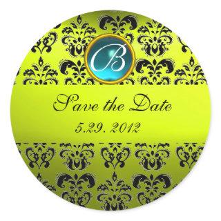 YELLOW BLACK DAMASK MONOGRAM , blue turquase Classic Round Sticker